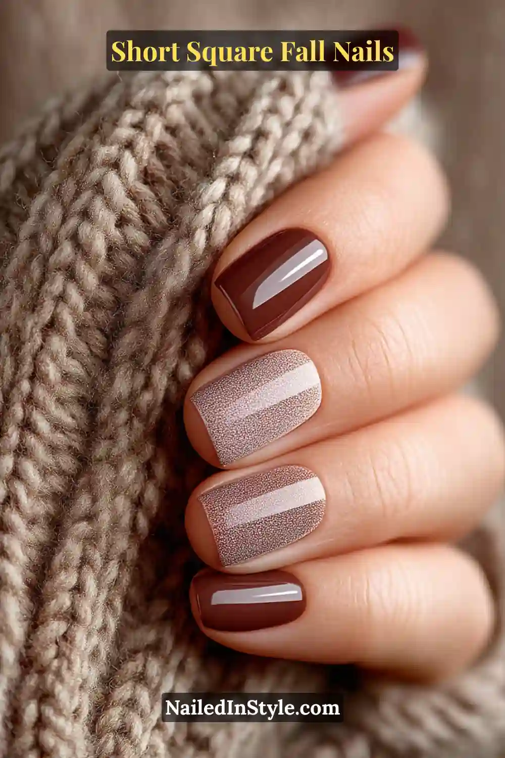 Short square nails in cocoa brown with a refined split finish — half satin gloss, half matte — creating a subtle yet luxurious dual-texture effect.