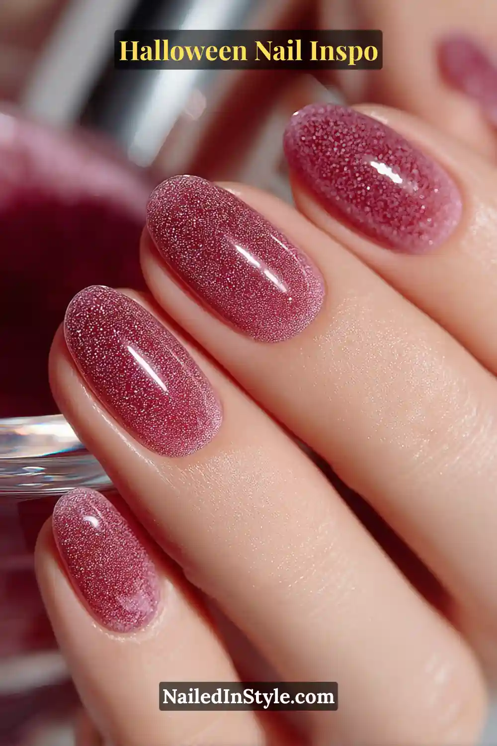 Medium oval nails in a sheer cranberry hue with fine sugar-sparkle texture, creating a juicy glass-like finish that glows under light.
