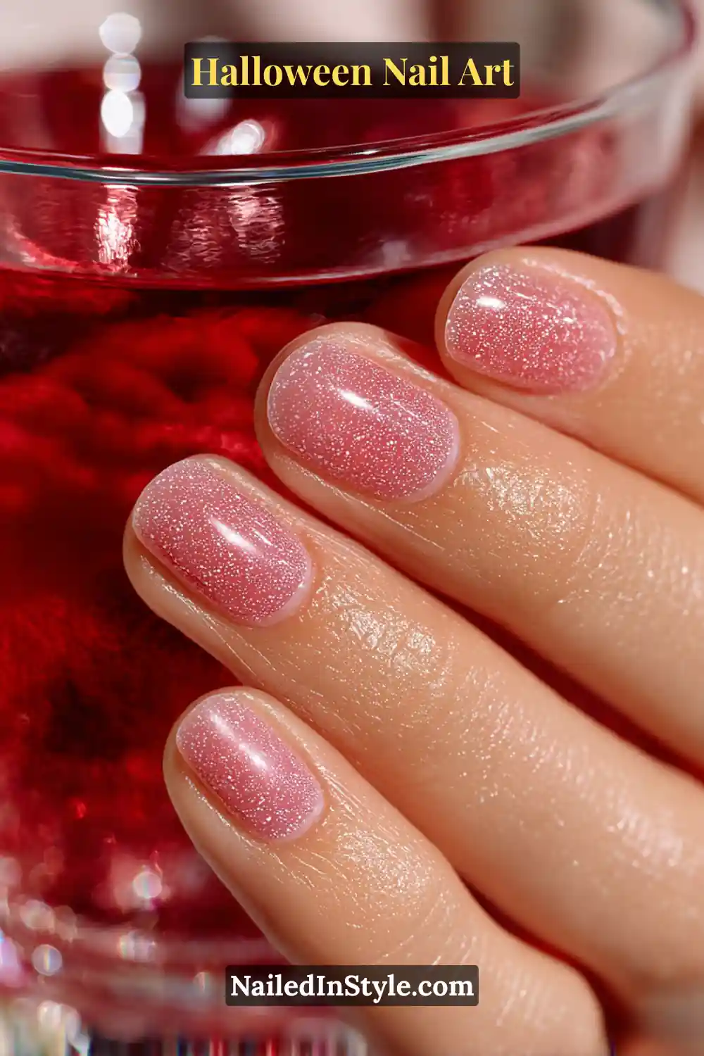 Medium oval nails in sheer cranberry pink with a fine sugar-glitter finish, catching the light like candy glaze for a soft Halloween glow.