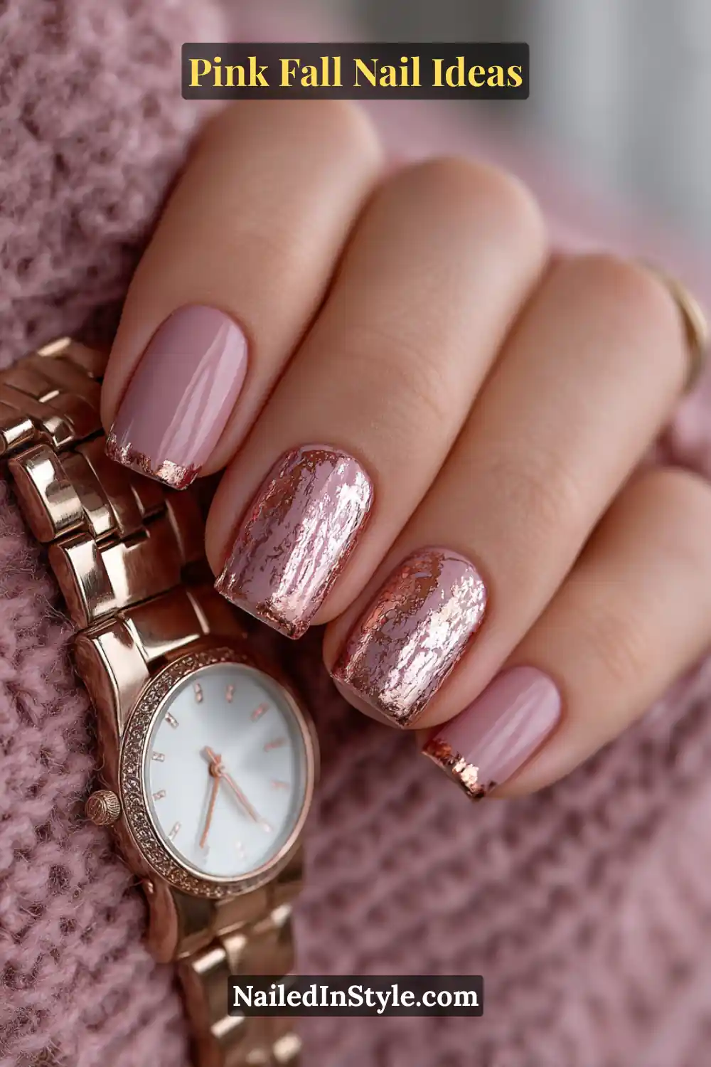 Pink Fall Nail Ideas: Chic, Fast & Photogenic 2025 15 Short square nails in dusty rose with reflective rose gold foil tips, creating a chic 3D texture that glows against cozy knitwear and a rose gold watch.