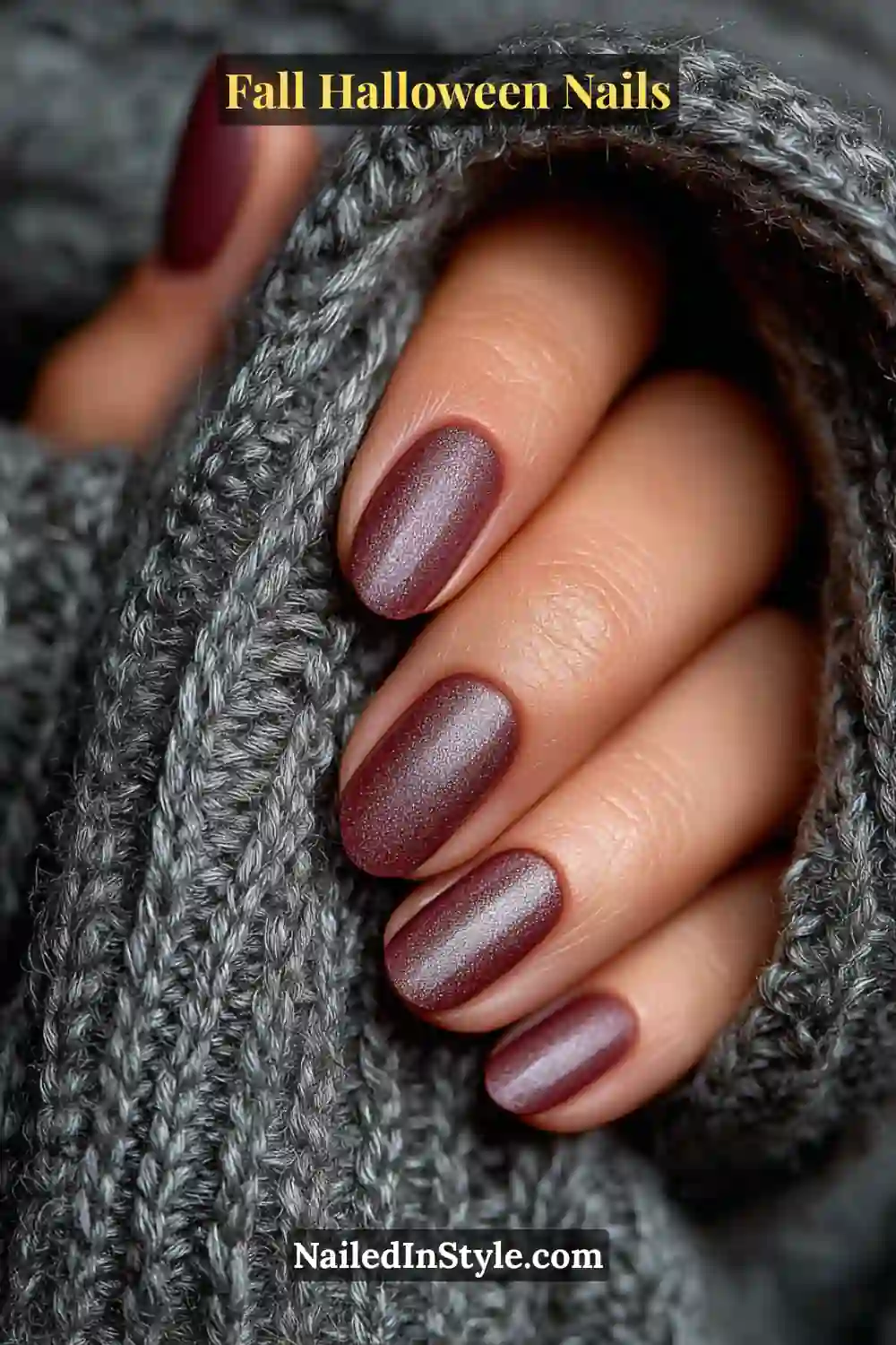 Medium oval nails in violet-smoke tones with a frosted pearl shimmer, softly glowing against a silver-gray knit scarf for a dreamy, moonlit fall-Halloween feel.