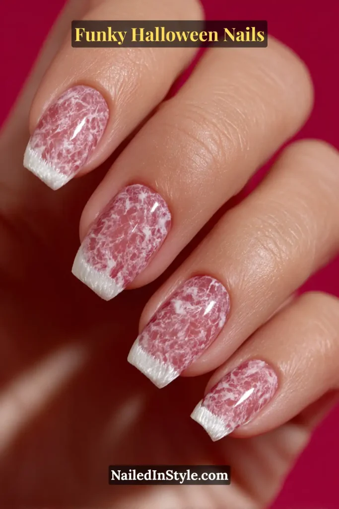 Medium squoval nails featuring a pearl, smoke, and alabaster palette with subtle negative-space ghost shapes traced along French edges, creating a minimalist yet whimsical Halloween look.