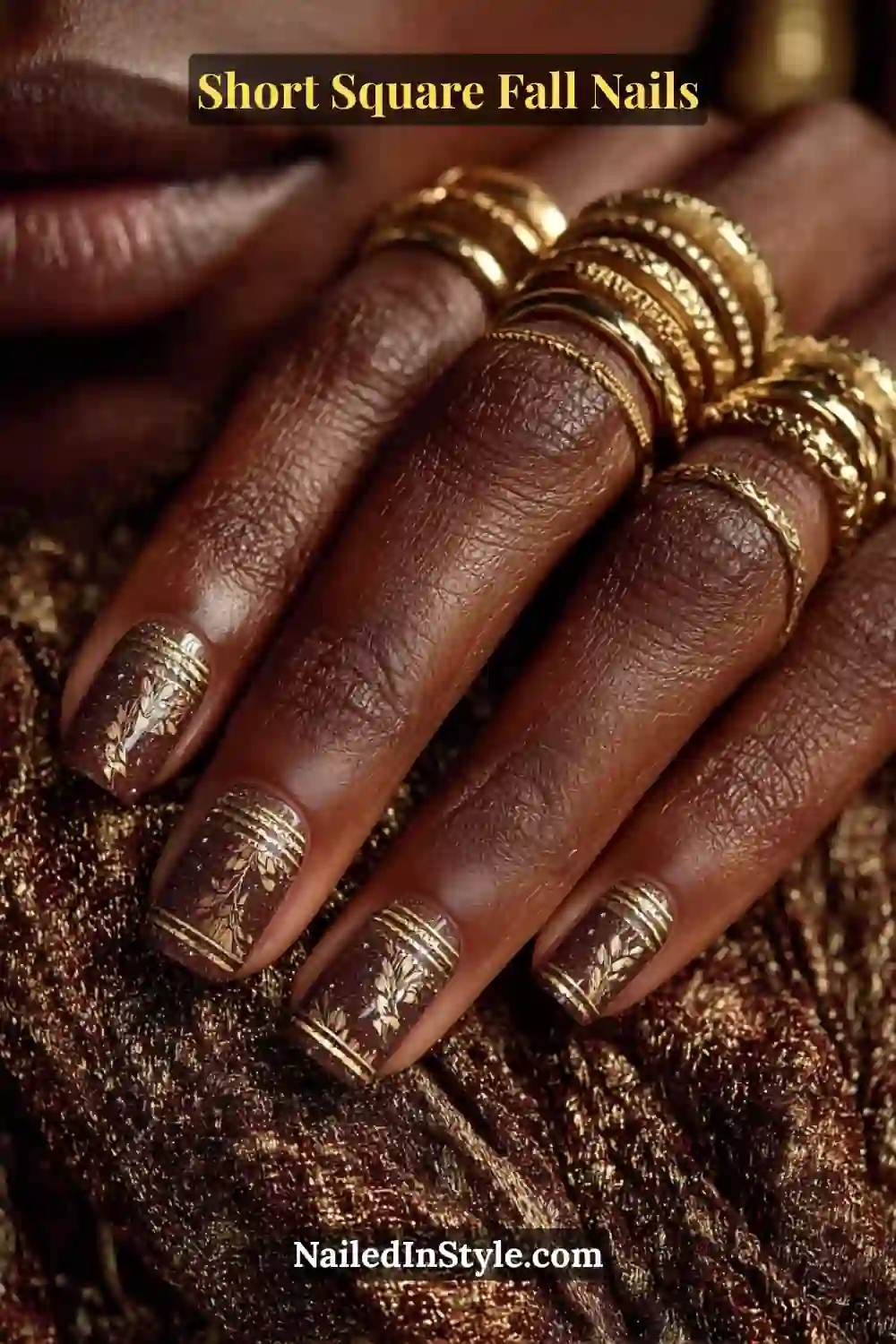 Short square nails in deep mocha with gold metallic frames and leaf detailing, creating a rich, regal contrast perfect for fall tones.