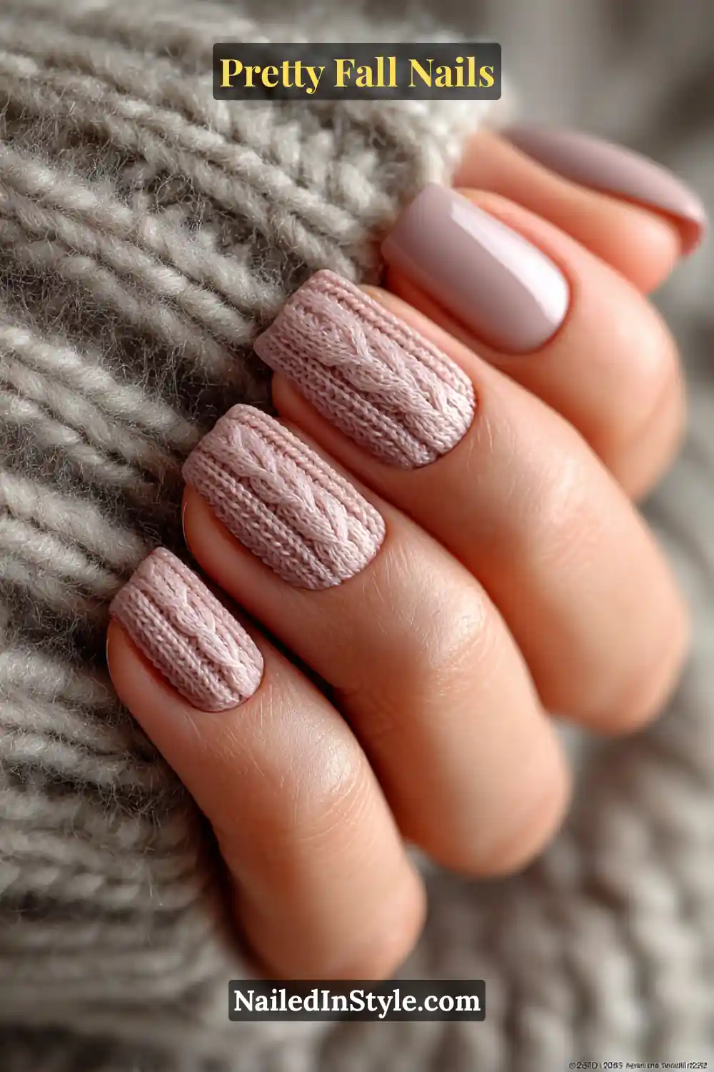Medium square nails in a soft greige palette featuring matte 3D cable-knit imprints down the center, blending mushroom and cream tones for a cozy, sweater-inspired texture perfect for fall.