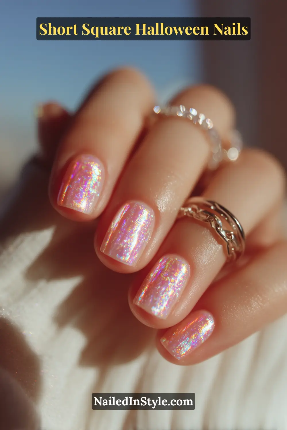 Short square nails with a sheer holographic topcoat that shimmers in rainbow tones, creating a soft ghostly Halloween nail look.