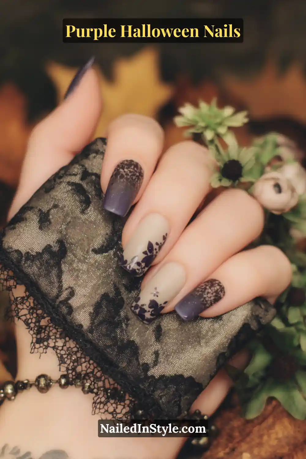 Medium almond nails featuring a sheer mauve base with intricate black lace overlay designs, blending vintage romance and Halloween elegance.