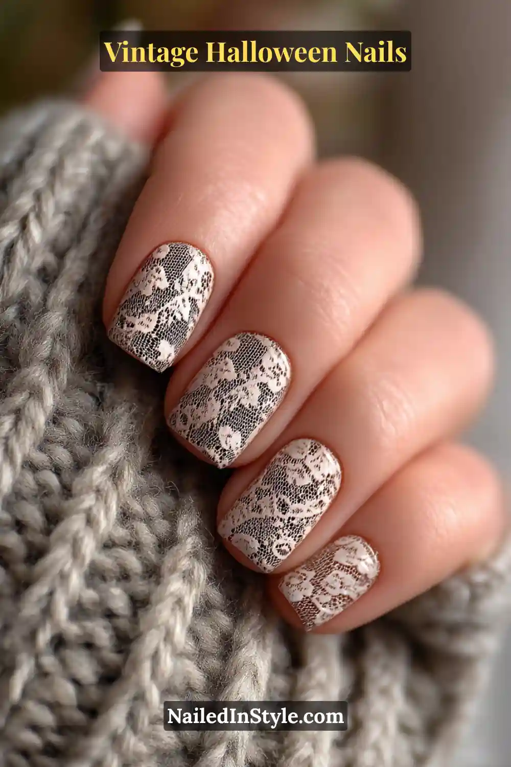 Short round nails with a sheer pearl base and intricate black lace mesh overlay, sealed with a matte top coat for an elegant vintage Halloween finish.