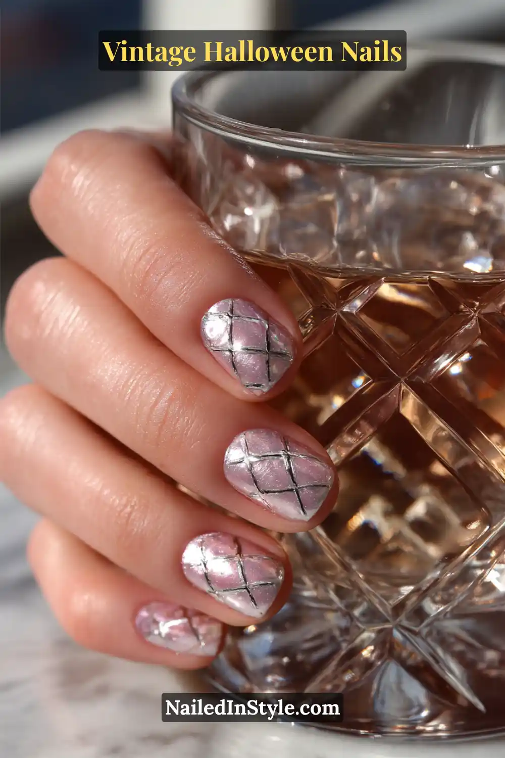 Medium coffin nails featuring a soft pearl base with fine pewter leaded-glass grid lines, reflecting vintage elegance with a subtle Halloween shimmer.