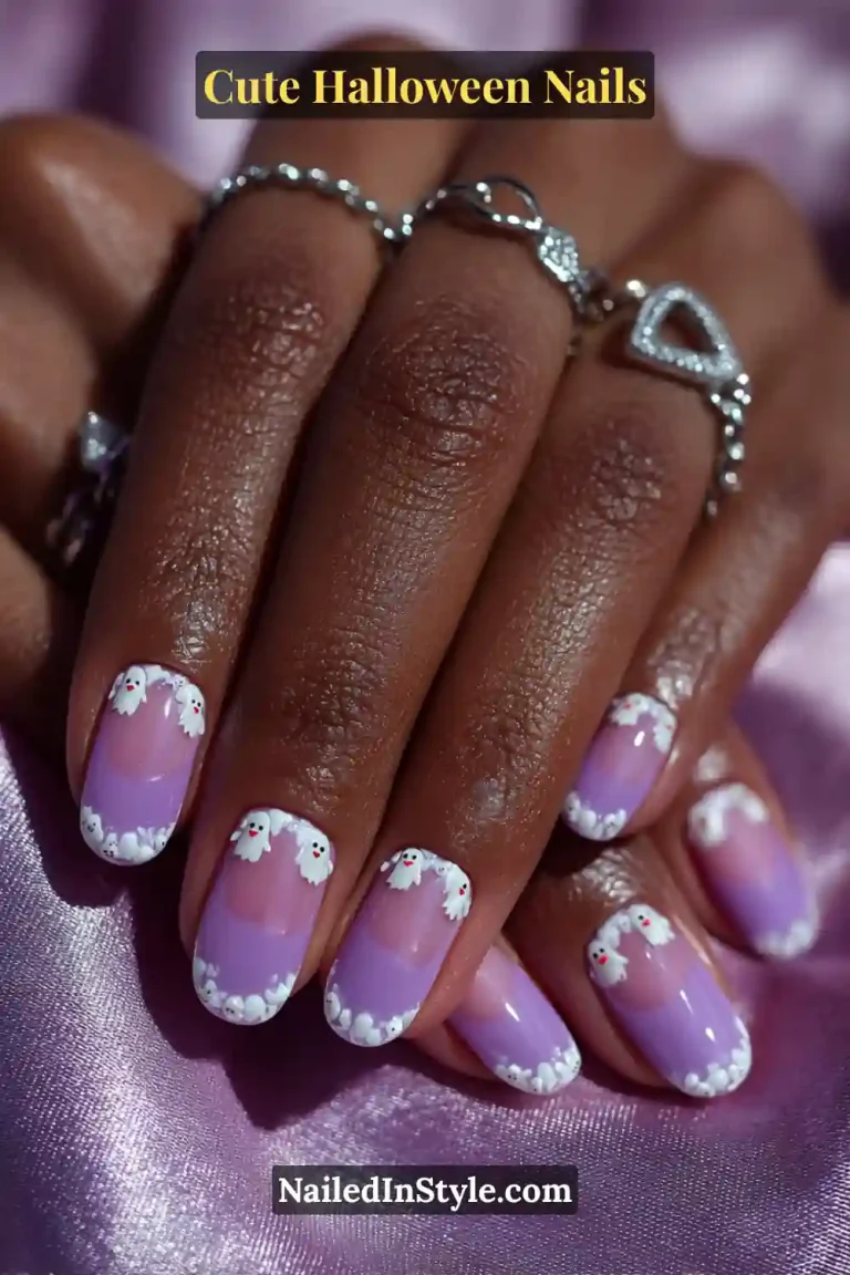 Cute Halloween nails in lilac and white featuring French tips with tiny 3D ghost accents and heart-shaped noses on long oval nails.