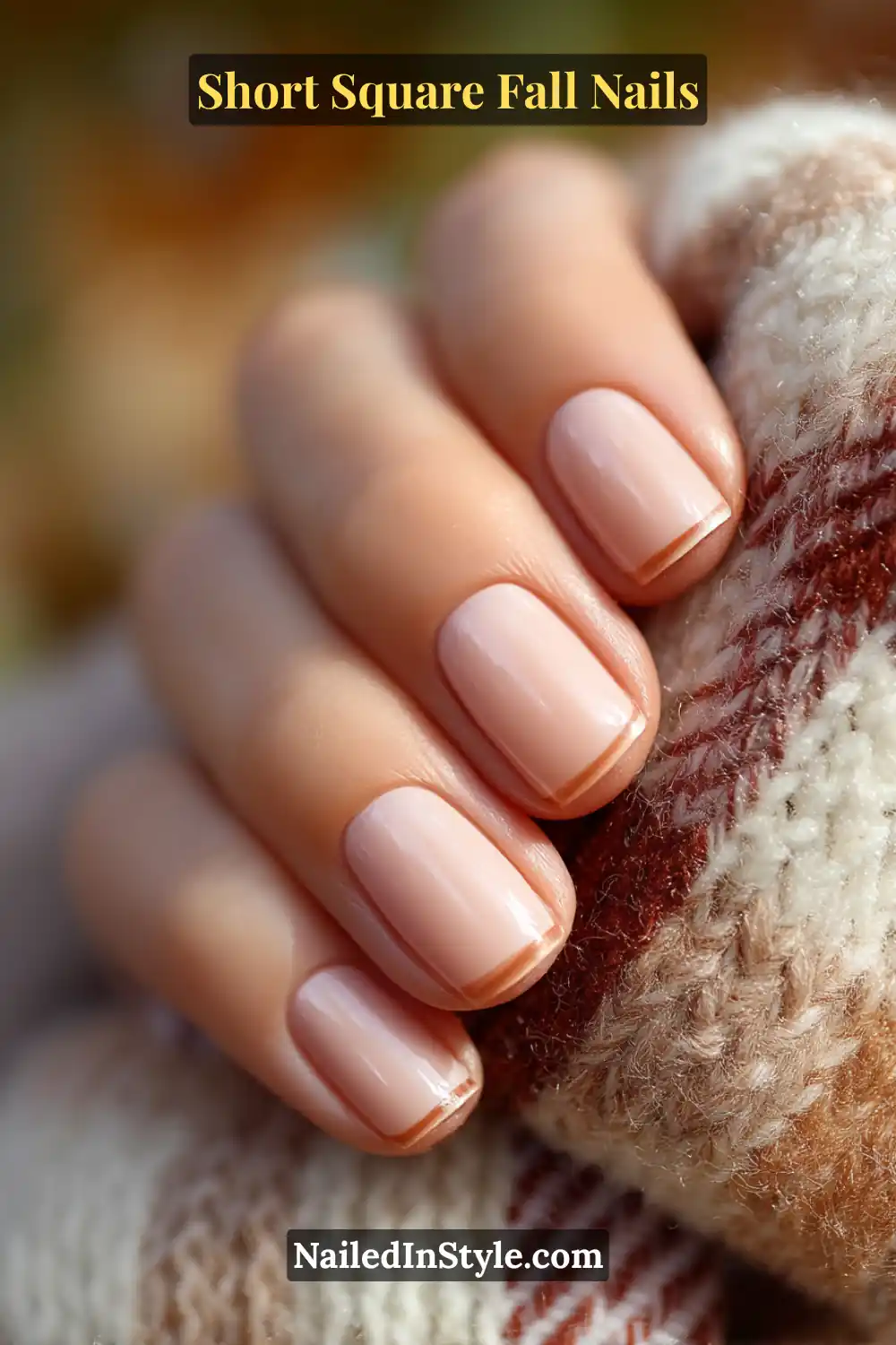 Short square nails with a glossy ivory base and slim maple-brown micro-French tips, wrapped in cozy fall tones and styled beside a plaid scarf.