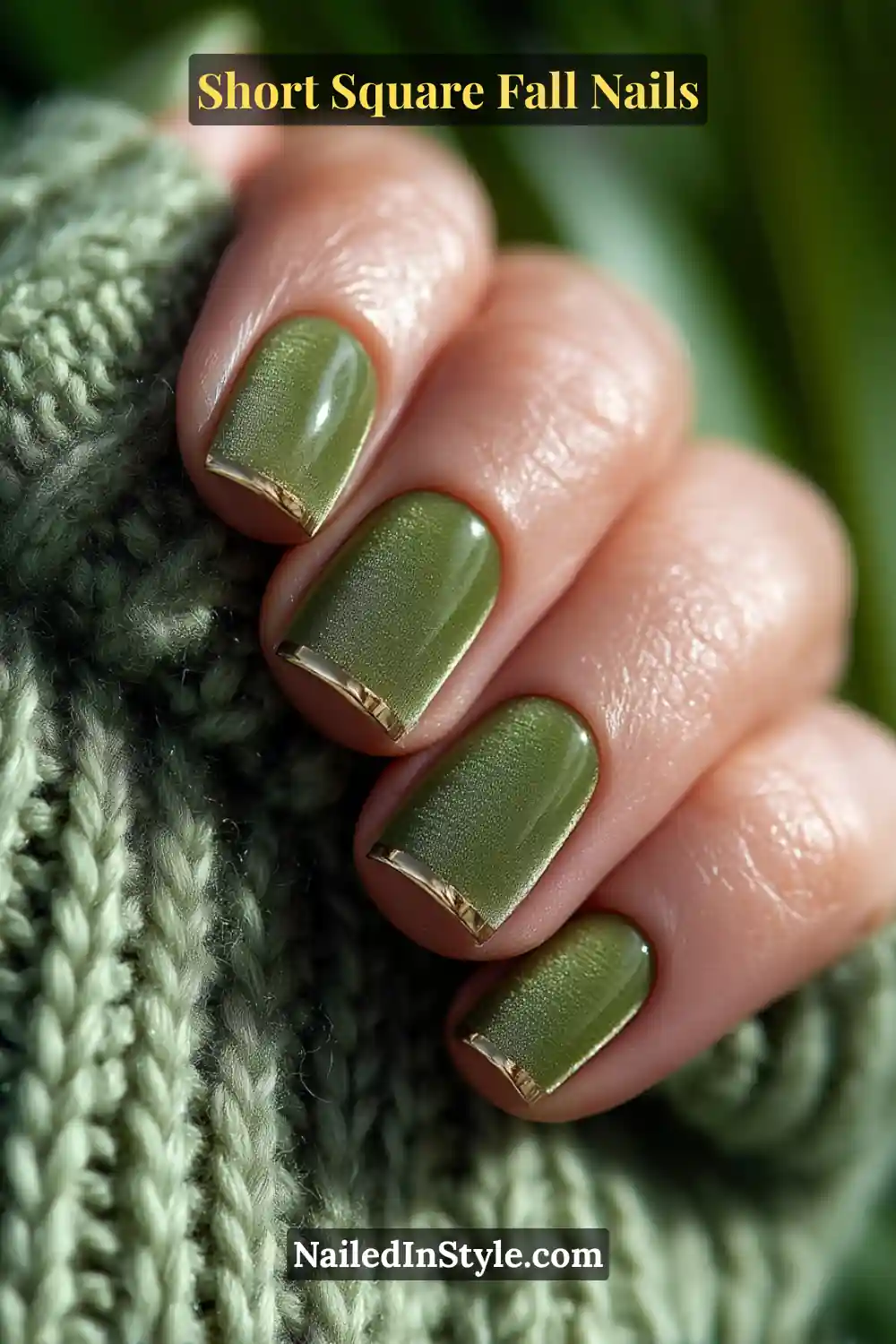 Short square nails in moss green with a soft velvet matte base and metallic gold edges, blending natural tones with luxe autumn detailing.