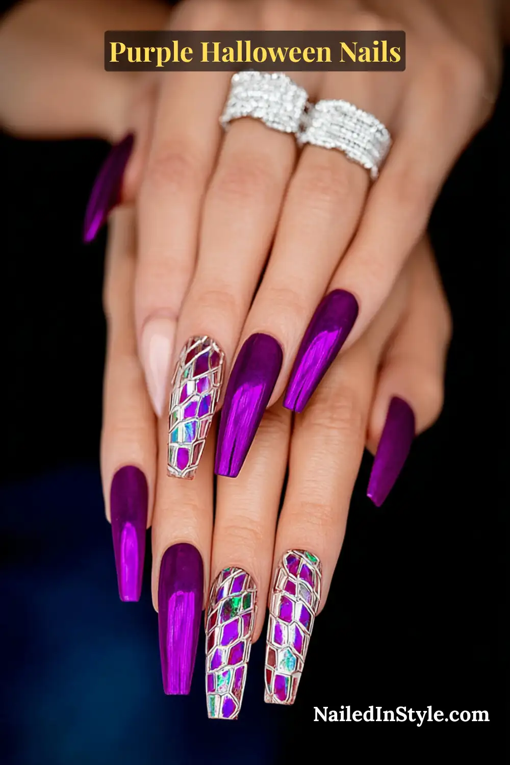 Medium coffin nails in glossy violet and amethyst tones featuring gemstone mosaic detailing with raised gel domes for a 3D jeweled texture that glows under light.