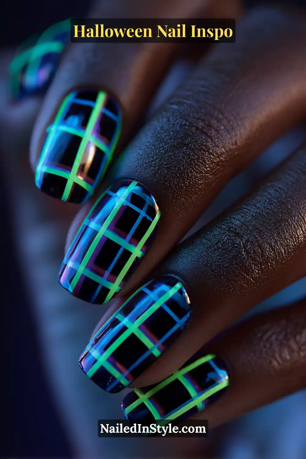 Medium square nails in glossy jet black with neon lime and violet hairline grids, glowing vividly under city lights for a futuristic Halloween look.