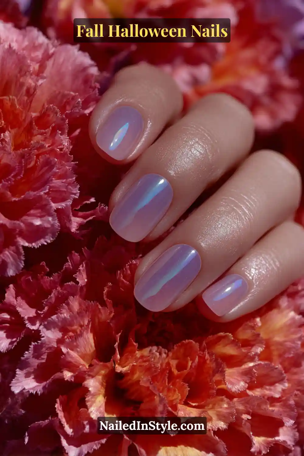 Medium oval nails with a translucent lilac-opal base and a raised 3D aura glow, reflecting soft ash tones amid coral petals for a dreamy fall-Halloween radiance.