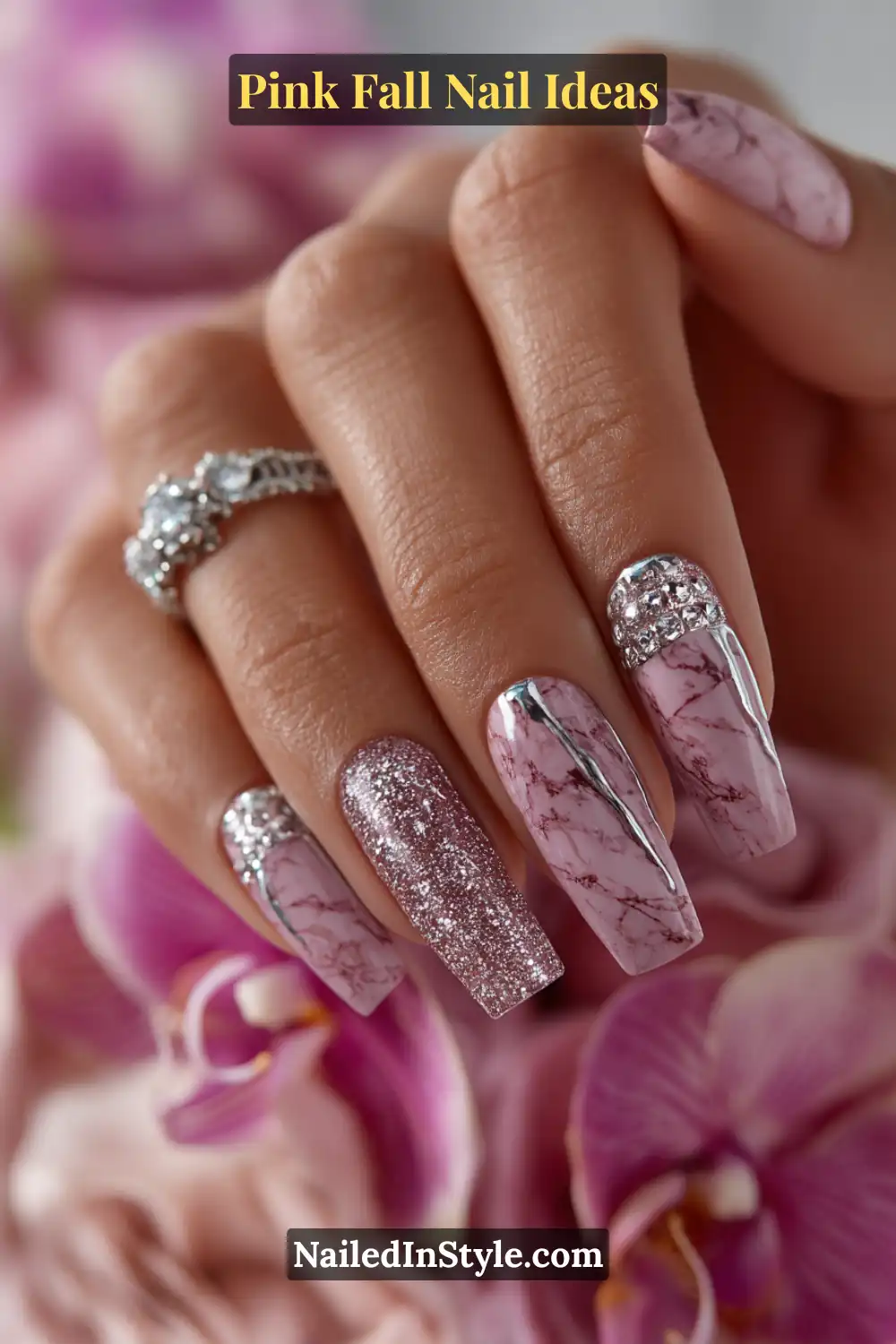 Pink Fall Nail Ideas: Chic, Fast & Photogenic 2025 14 Medium coffin nails with orchid marble base and raised silver chrome drips, finished with gemstone accents for a luxurious fall statement.