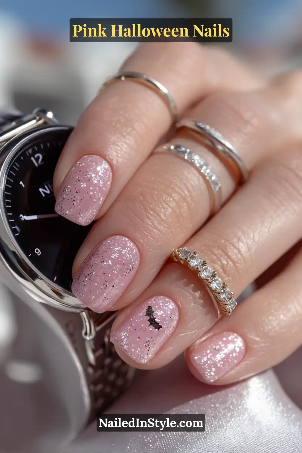 Pink Halloween nails with pastel pink polish, silver micro chrome glitter, and a minimalist black bat accent on extra-short square nails styled with a silver watch and diamond rings.