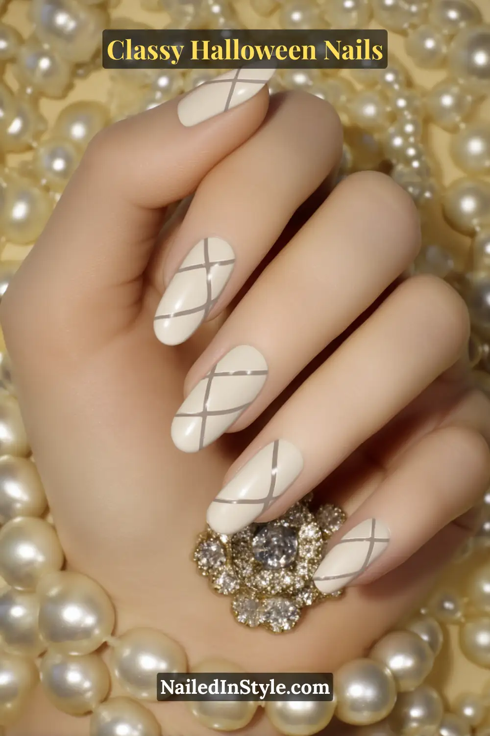 Medium oval nails with a soft translucent pearl base overlaid by fine graphite lattice lines, creating a delicate web-like texture that gleams subtly under light — elegant and weightless.