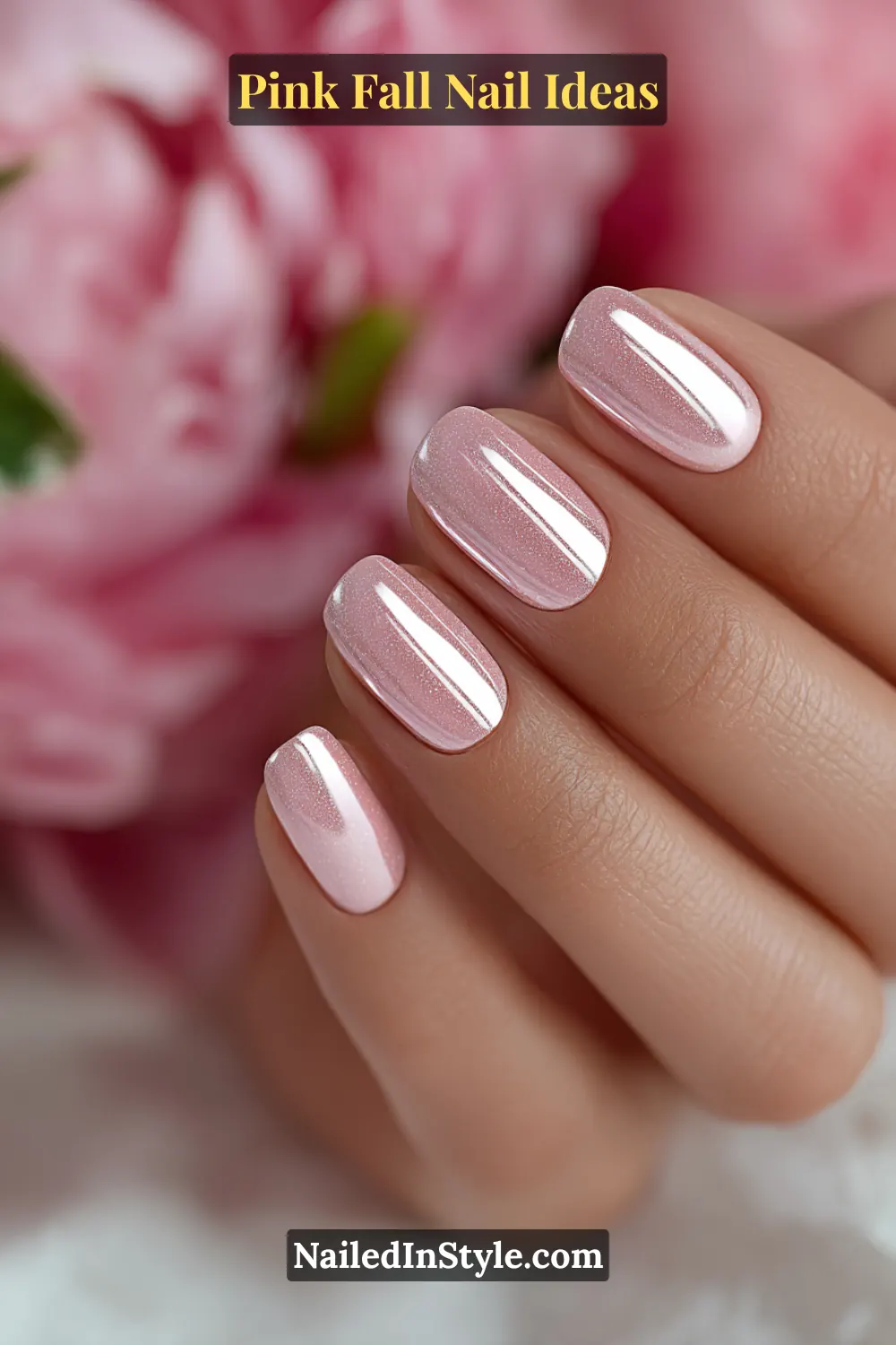 Pink Fall Nail Ideas: Chic, Fast & Photogenic 2025 2 Medium oval nails in soft peony pink with a diffused chrome veil that reflects silver light, styled beside pink petals for an elegant fall glow.