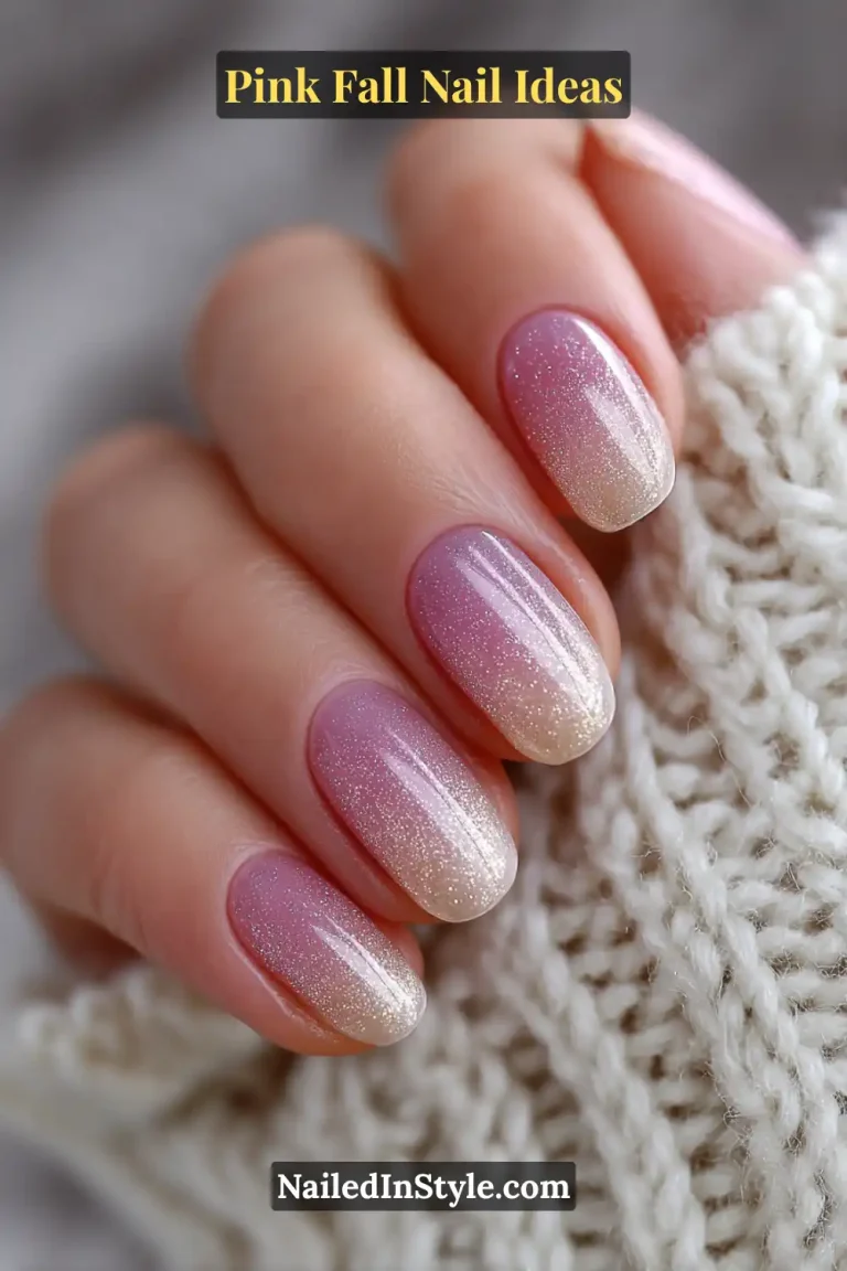 Medium oval nails with a frosted ombré blend of petal pink to ivory, finished with a blush-gold shimmer that adds soft warmth against a knit sleeve.