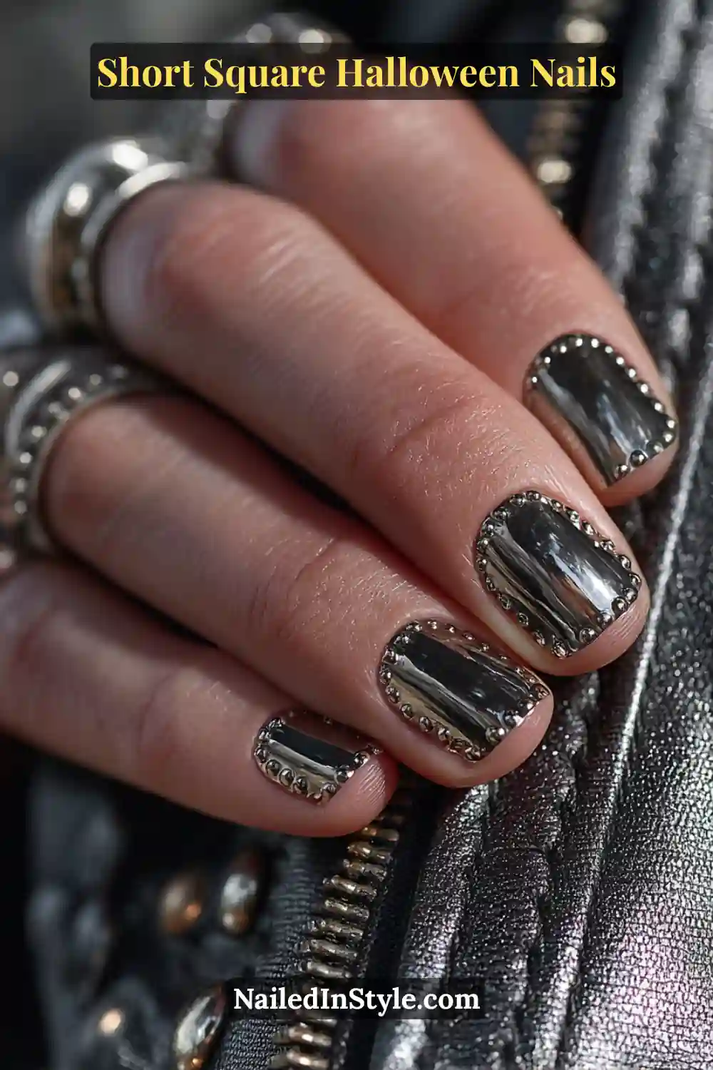 Short square nails in metallic pewter with glossy gunmetal shine and tiny raised 3D studs lining the edges for a bold Short Square Halloween Nails look.