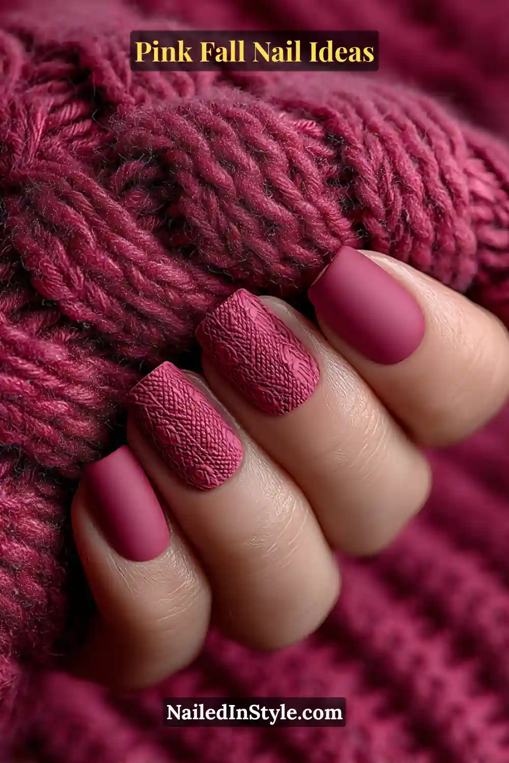Pink Fall Nail Ideas: Chic, Fast & Photogenic 2025 3 Short squoval nails in rich raspberry pink with 3D embossed knit texture, paired with a matching cable-knit sweater for a cozy fall look.