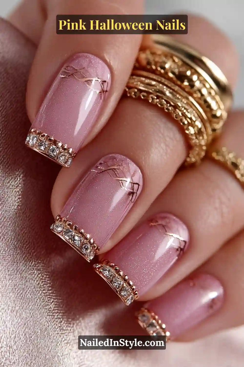 Pink Halloween nails featuring a dusty-rose base with rose-gold stud lattice cuffs and a long ballerina shape, accented with stacked gold bangles for a luxe finish.