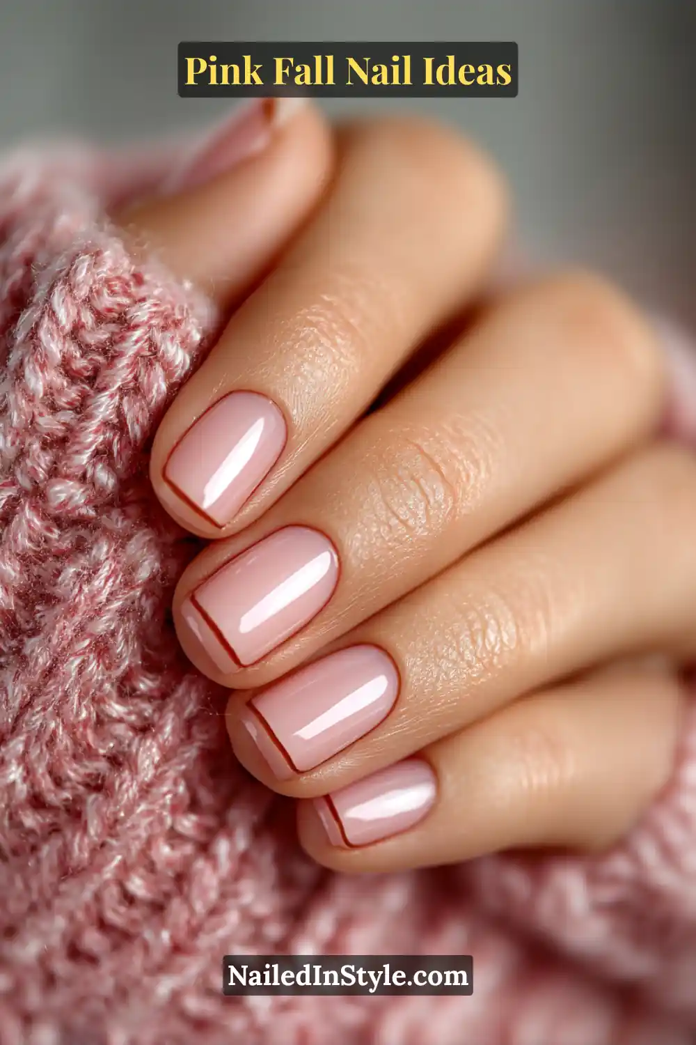Pink Fall Nail Ideas: Chic, Fast & Photogenic 2025 1 Pink Fall Nail Ideas Short square nails with a glossy rose-latte base and a 1 mm cocoa micro-French tip, styled with a cozy ribbed pink sweater for a soft fall aesthetic.