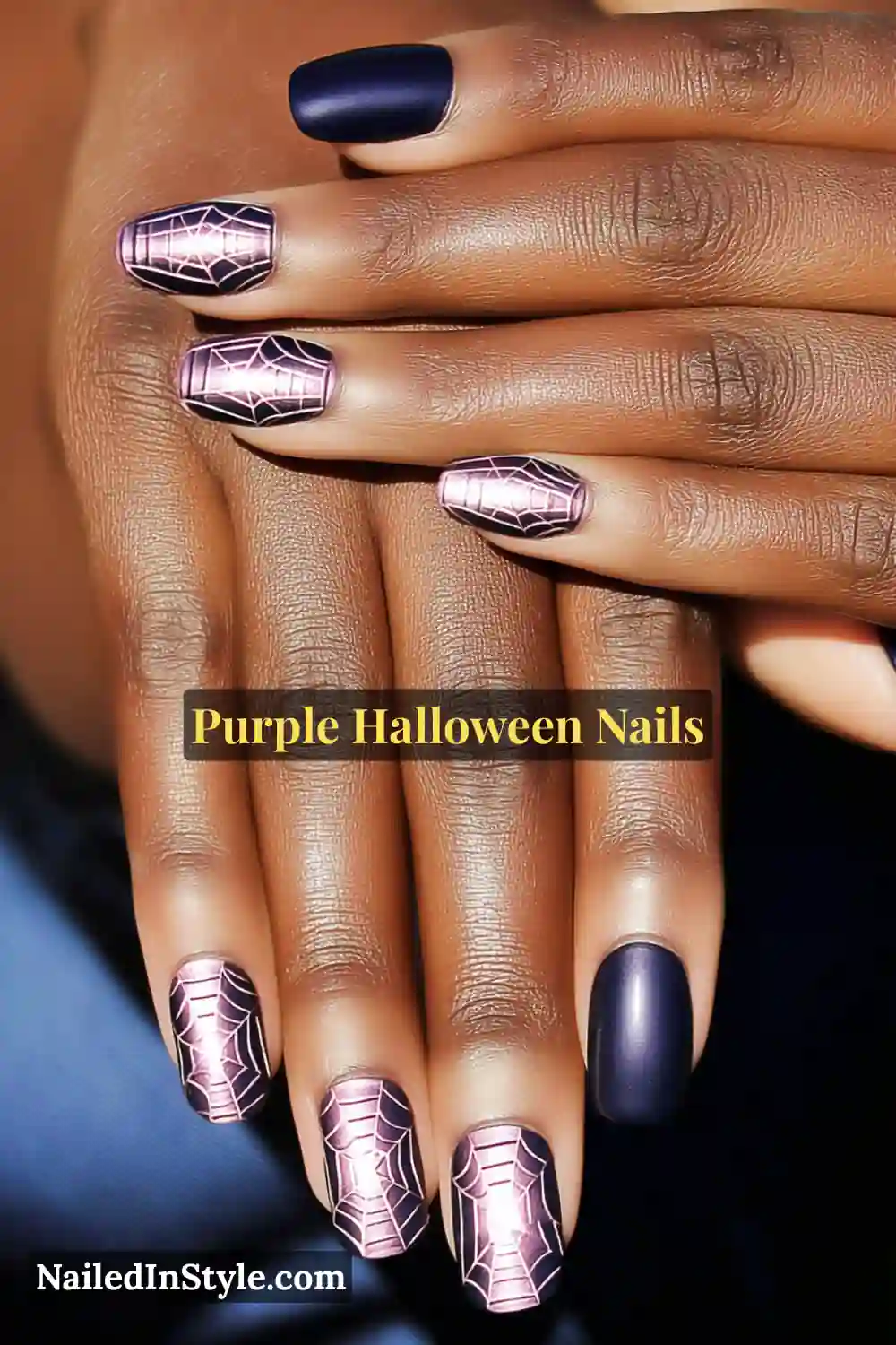 hort square nails in deep plum with a metallic chrome-silver base overlaid by raised spider-web filigree, creating a 3D reflective texture that gleams like couture jewelry.