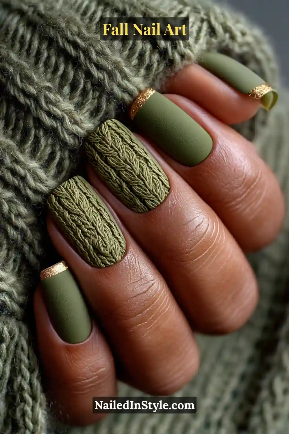 Medium squoval nails featuring a velvet sage base accented with tiny 3D knit-cable tips in moss green and gold, creating a cozy, textured look that complements autumn knits.