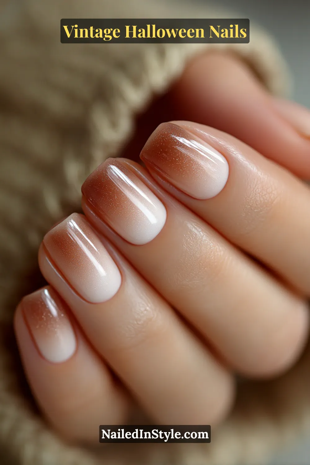 Medium squoval nails with a smooth gradient from ivory to cocoa, finished with a satin top coat for a soft sepia-toned vintage Halloween look.