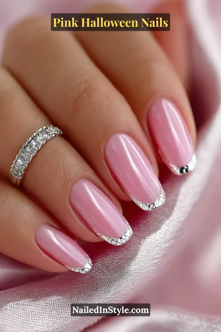 Pink Halloween nails featuring a rose-nude base with ultra-thin silver cuffs and faint 3D heart-web detailing along the edges, long oval shape, styled with a stainless ring stack.