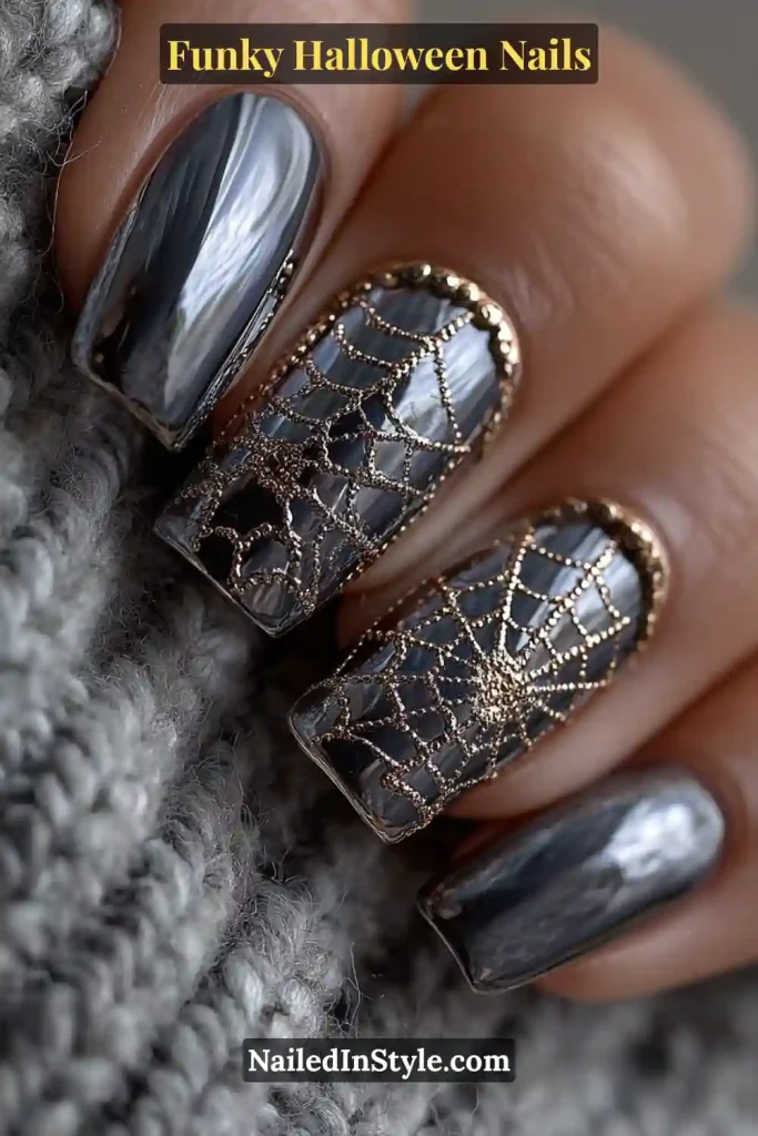 Short square nails in jet, silver, and gunmetal with a reflective chrome base overlaid by intricate raised spiderweb dots in metallic 3D studs, evoking a moody and glamorous Halloween feel.
