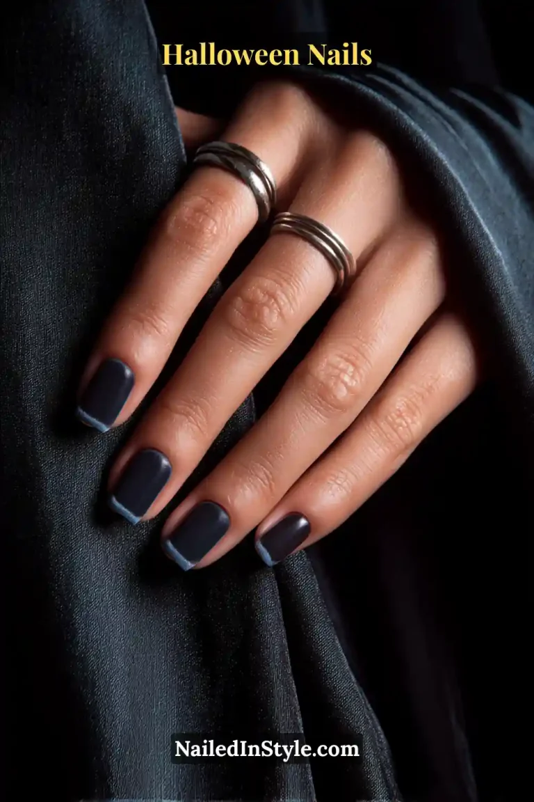 Close-up short square nails in deep charcoal with velvet-matte French tips and glossy cuffs; styled with silver rings and black draped fabric, elegant look for Halloween nails.