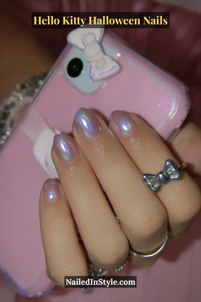 Medium almond nails with a blush-pink jelly base and radiant strawberry aura beam framed by a subtle chrome rim, creating a glossy candy-glass illusion. Styled with a pink phone case and silver bow ring for a soft Hello Kitty Halloween vibe.