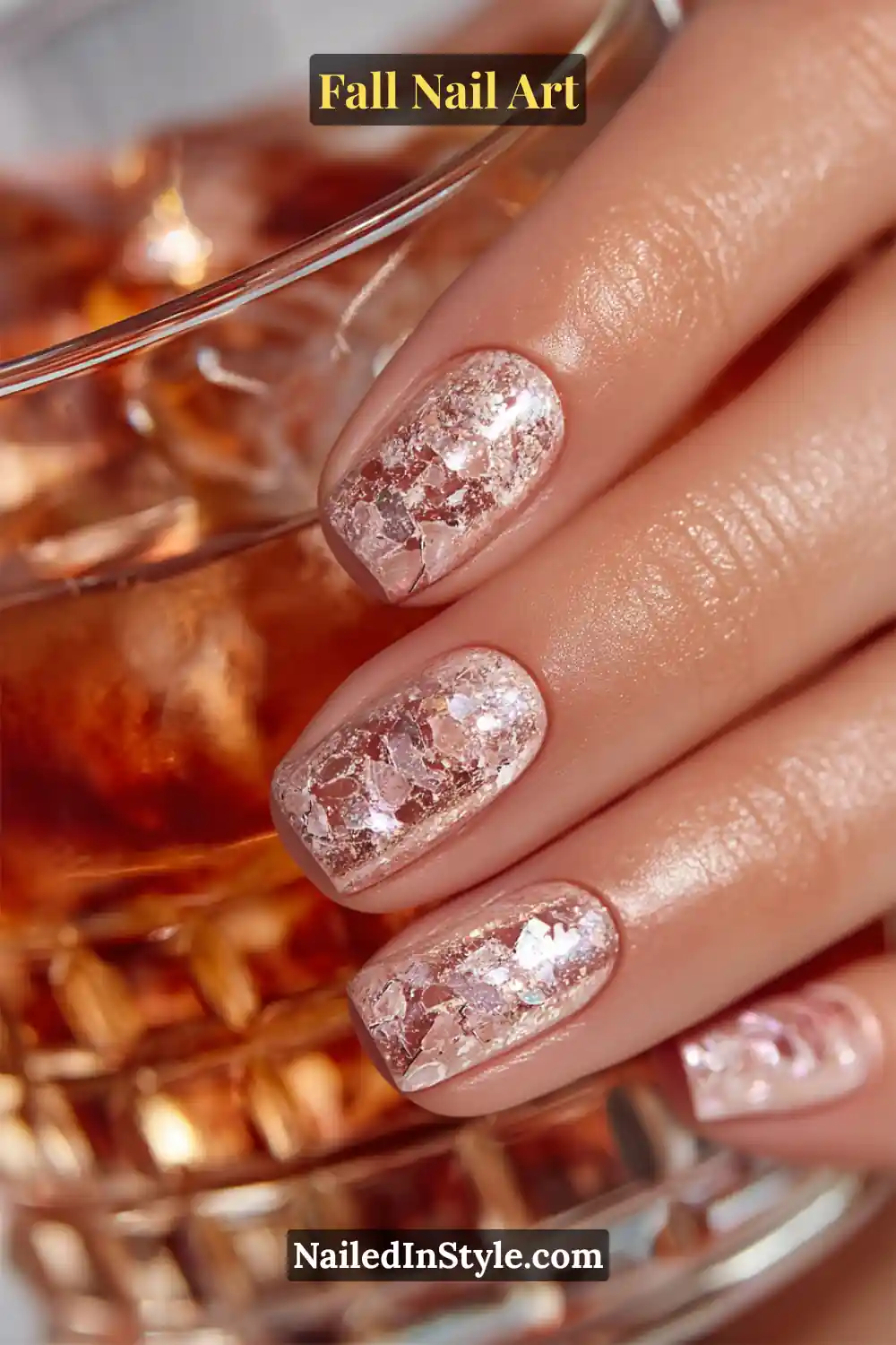 Fall Nail Art Short square nails infused with taupe and pewter tones, layered in quartz-like shimmer and micro clear shard flakes that create a luxe 3D sparkle perfect for autumn evenings.