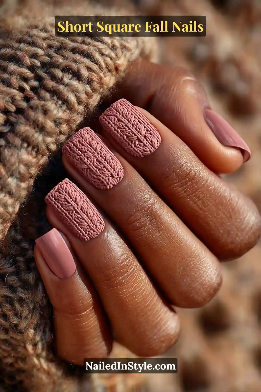 Short square nails in warm tawny brown with 3D embossed knit texture on middle nails, creating a cozy sweater-inspired fall nail look.