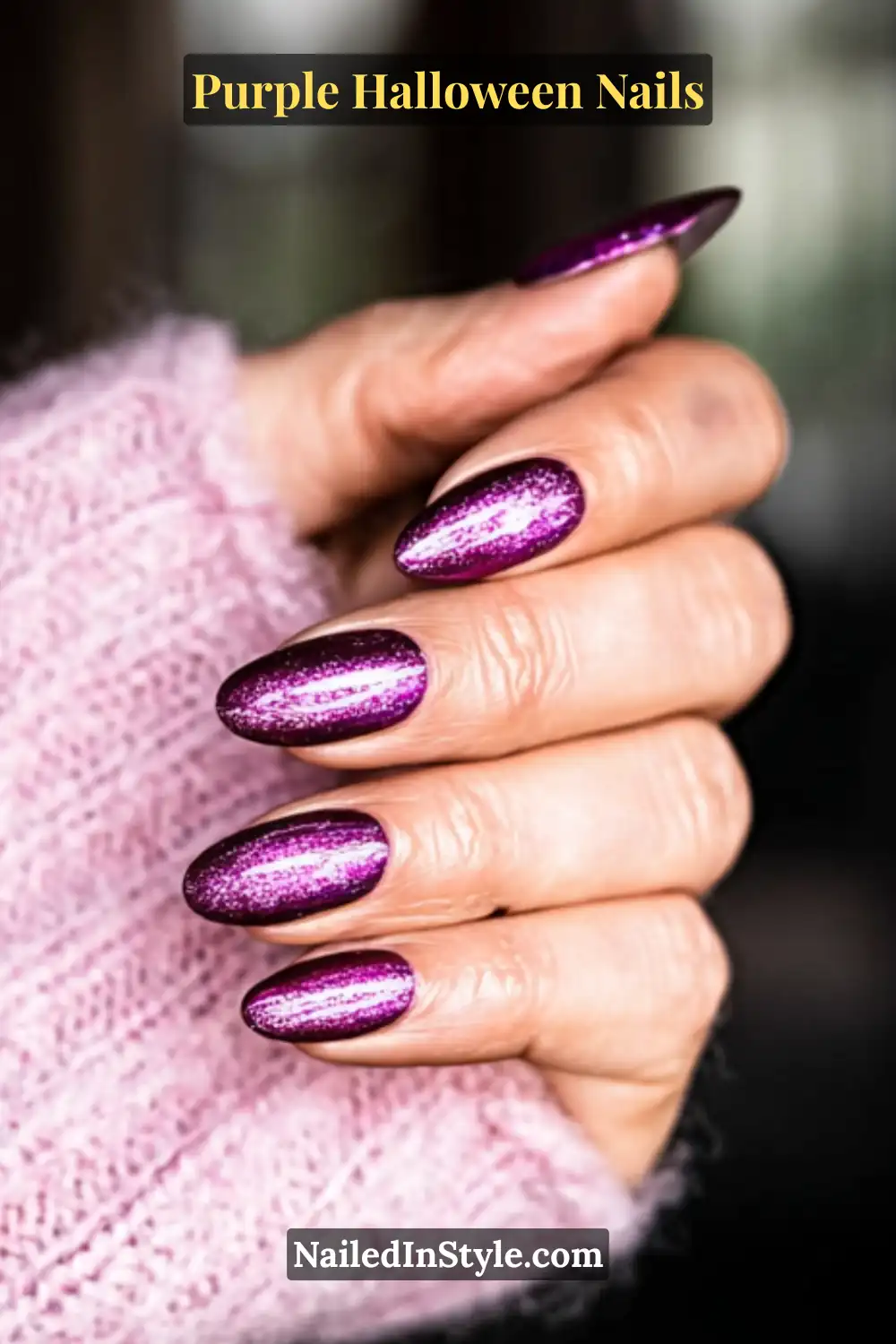 Medium oval nails with a gradient aura effect fading from soft mauve to deep grape, sealed in a luminous gloss that captures a twilight-inspired glow — elegant and moody.