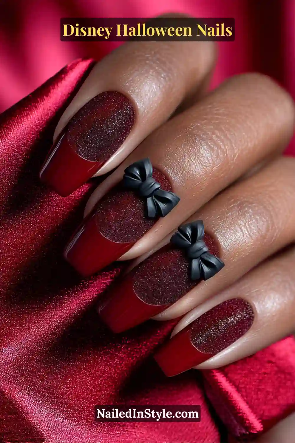 Disney Halloween Nails Medium coffin nails in rich velvet raspberry with glossy half-moon tips and matte black 3D bows at the cuticle; styled with a deep red satin clutch for a sultry Disney Halloween statement.