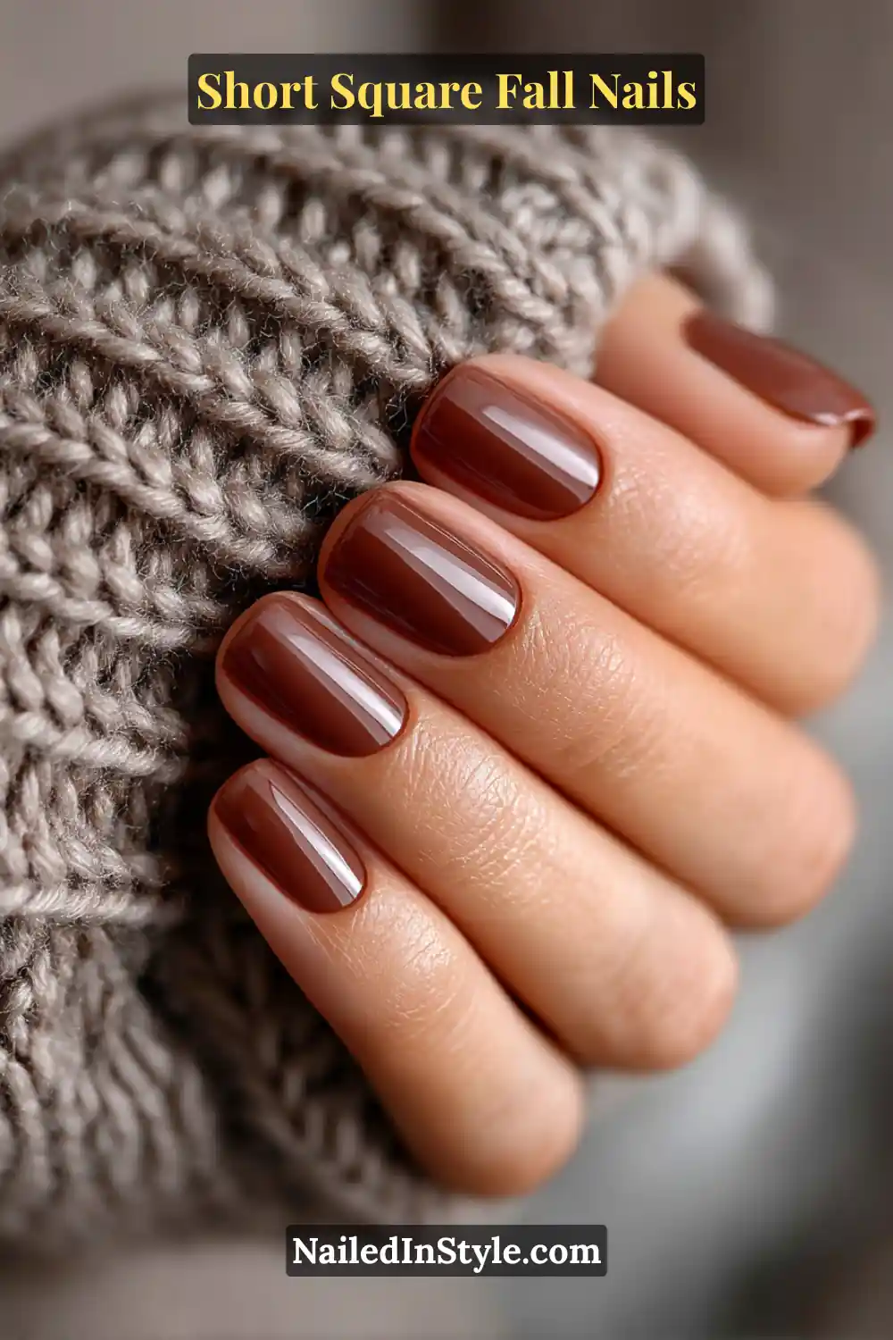 Short Square Fall Nails Short square nails painted in rich chestnut brown with a soft velvet finish and subtle halo sheen, styled against a cozy knit sleeve.