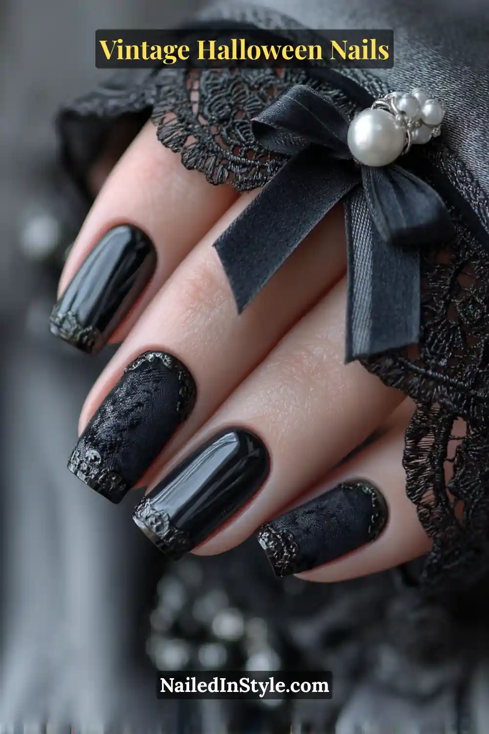Vintage Halloween Nails Short square nails featuring a black velvet-matte base with glossy ribbon French tips and a tiny 3D bow accent, evoking Victorian mourning fashion for a refined Halloween style.