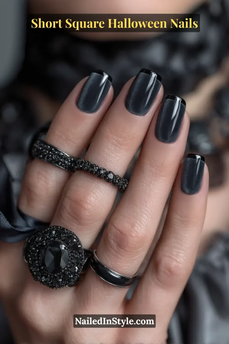 Short square nails painted in deep charcoal with a subtle glossy onyx micro-French tip, creating a modern velvet matte and gloss contrast perfect for Short Square Halloween Nails.