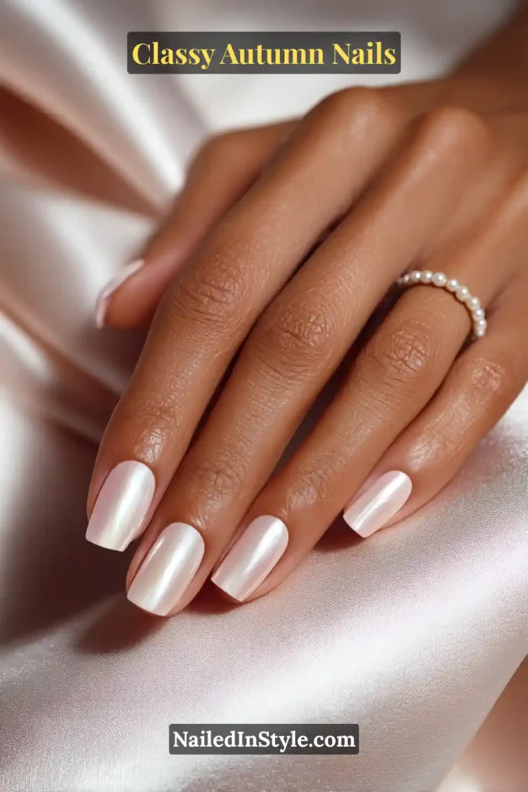 Short squoval nails with truffle nude base and pearl glaze sheen, elegant and classy on olive and deep skin.