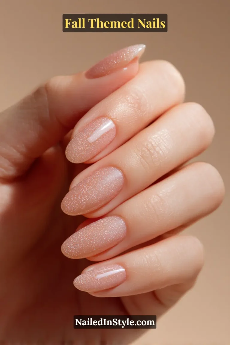 Almond fall nails with toffee base and sheer quartz shimmer veil, micro-sparkle evening effect.