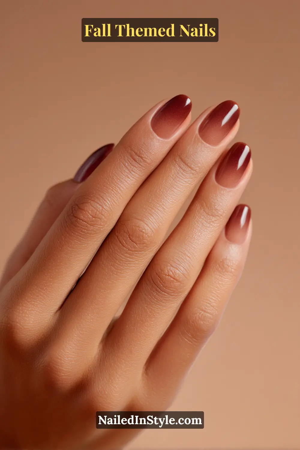 Short fall nails in hazelnut gradient tones from pale praline to deep mocha, glossy finish.