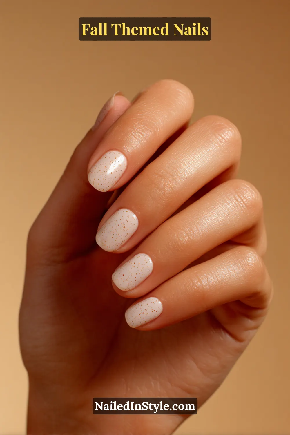 Short fall nails with creamy stone nude base and fine speckled topper for pottery-inspired effect.