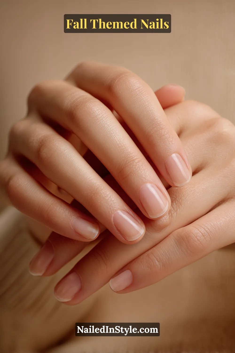 Short square fall nails with sheer nude base and thin maple sugar cuffs hugging the cuticle.
