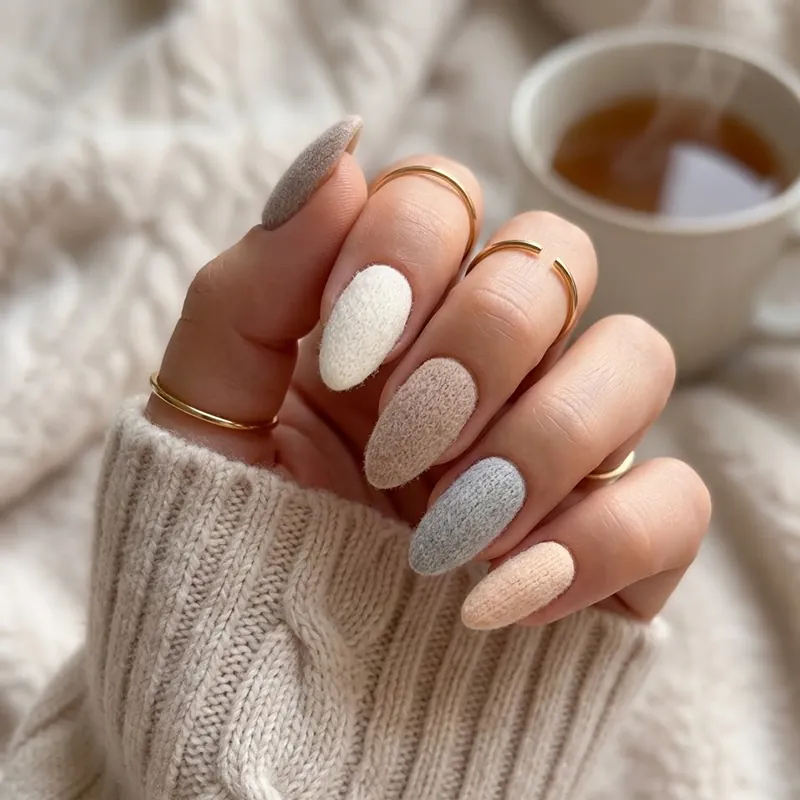 A hand displaying almond-shaped nails with a fuzzy cashmere texture in soft neutral tones of cream, beige, grey, and peach for February nail ideas.