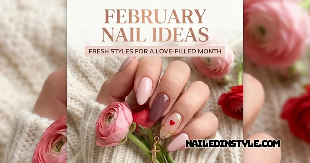 A hand with a romantic manicure featuring soft pink and mauve tones, a gold-accented ring finger with a tiny red heart, and the text "February Nail Ideas: Fresh Styles for a Love-Filled Month" over a cozy sweater background.