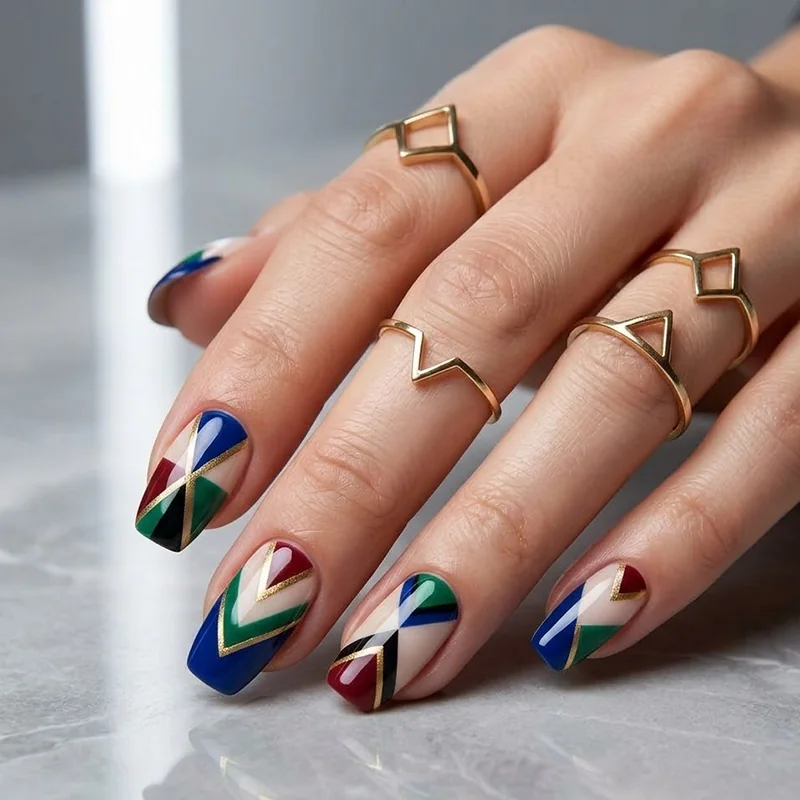 A hand showcasing square nails with a bold geometric color block design using blue, red, green, and nude separated by metallic gold lines for February nail ideas.