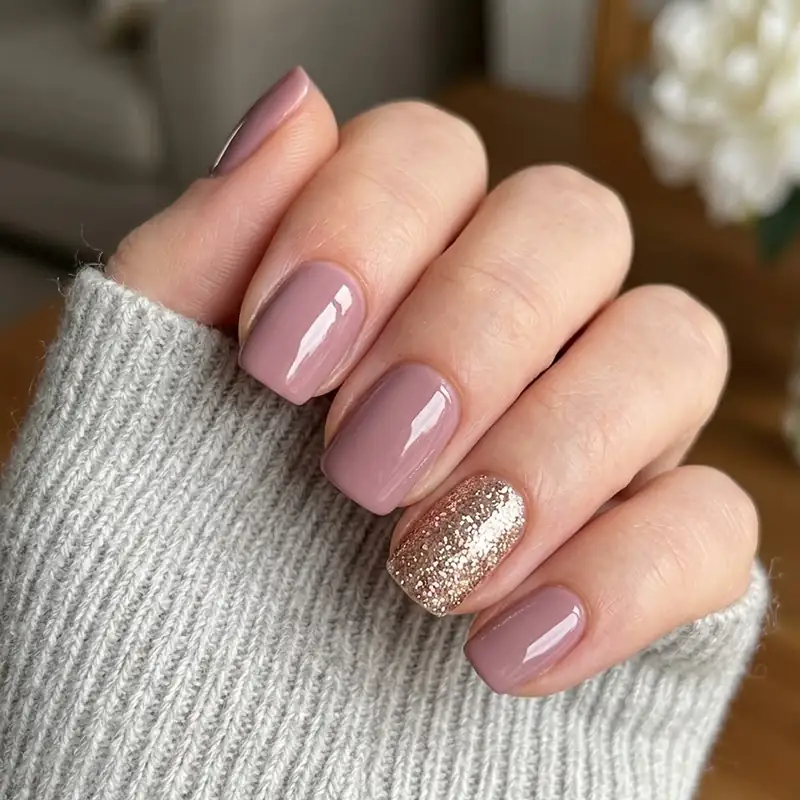 Glossy mauve square-shaped nails featuring a single rose gold glitter accent nail on the ring finger for February nail ideas.